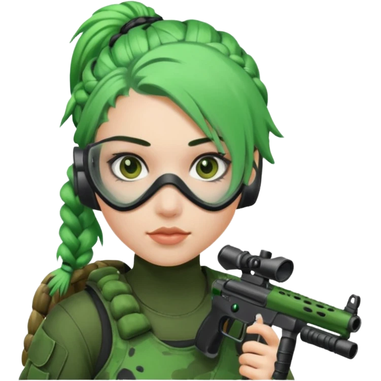 paintball player face girl braided green hair emoji