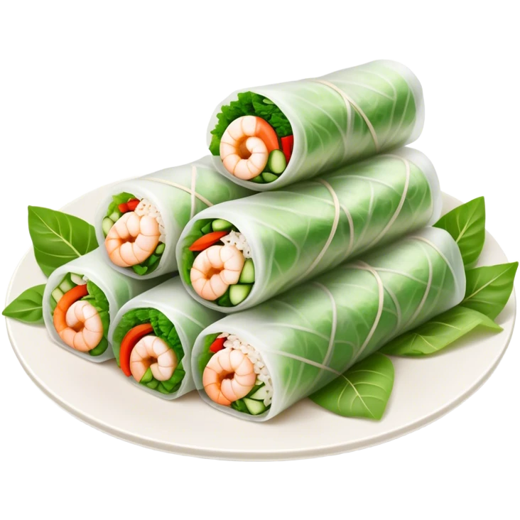 Cinematic Realistic Vietnamese Summer Rolls Dish Emoji, depicted with delicate rice paper wraps filled with fresh vegetables and shrimp rendered with crisp textures and refreshing lighting. emoji