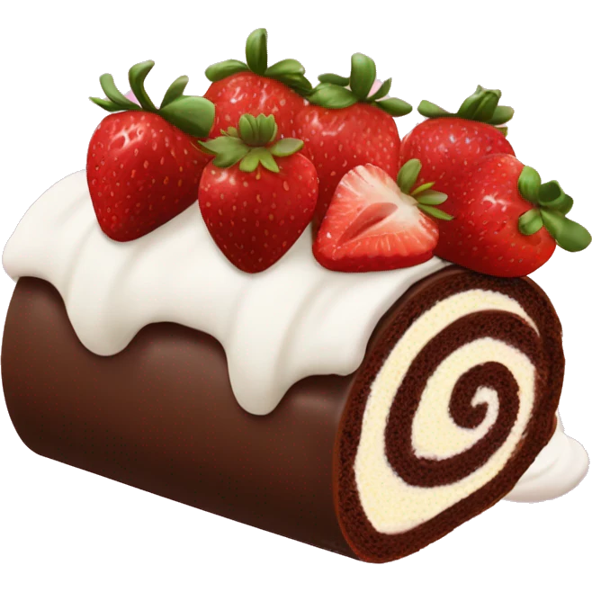 Chocolate Swiss roll birthday cake with sliced strawberries and popped cream swirls on top  emoji