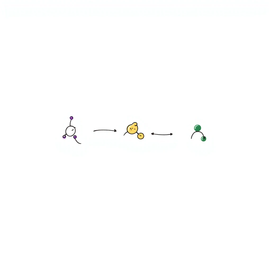 Organized hormone action sequence: three-panel hand-drawn diagram showing 1) purple hormone molecule icon, 2) yellow receptor binding event, and 3) green cellular response. Clean layout with simple arrows connecting events and minimal clean design. emoji