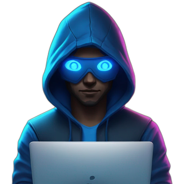 developer behind his laptop with this style : Riot Games Valorant neon blue eyes glowing bright blue character blue black hooded assassin themed character emoji