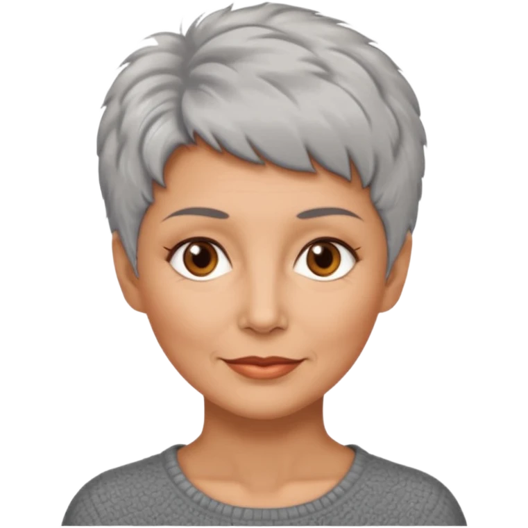 woman 50 years old, very short grey fluffy hair, tannes skin and brown eyes emoji