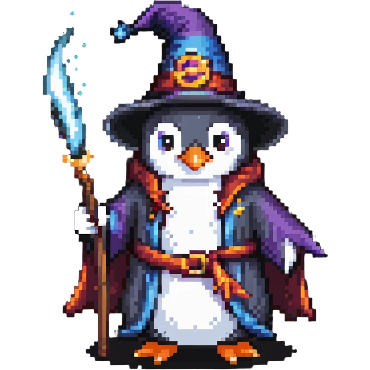 A penguin wearing a wizard hat and robe, casting a spell emoji