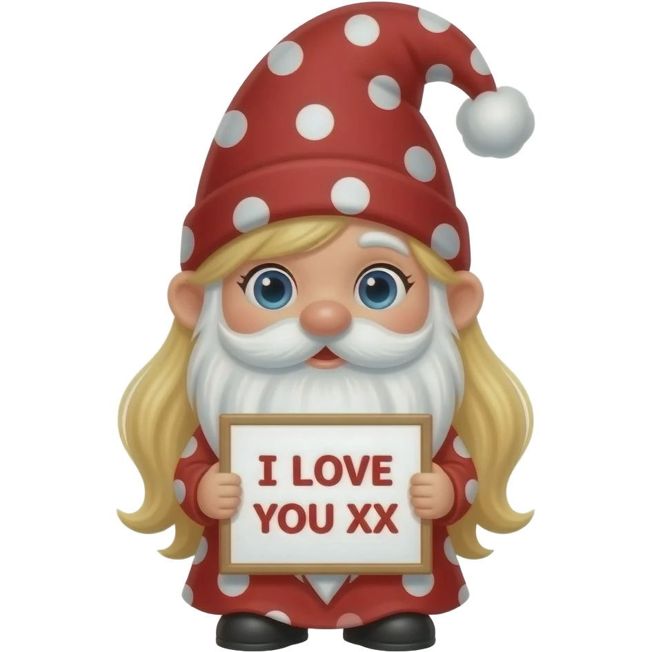 Cute blonde female gnome holding a sign saying I LOVE YOU XX emoji