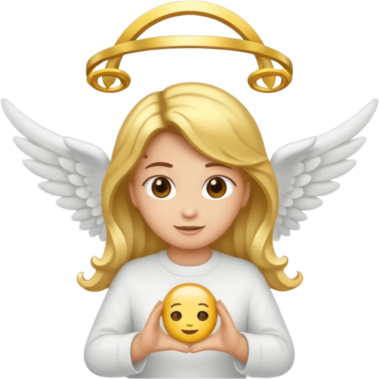 "Um emoji de anjo com cabelos loiros, um halo, asas, segurando um sinal de 'compartilhar' em letras em negrito." emoji