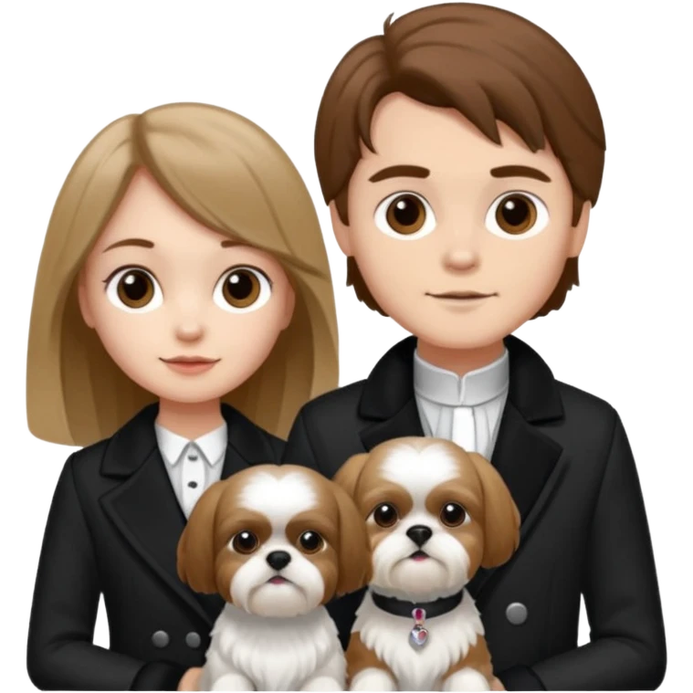 A couple boy with nice brown hair  and beautiful girl with long dark blond hair and with two shih tzu dogs with  black and white coat emoji