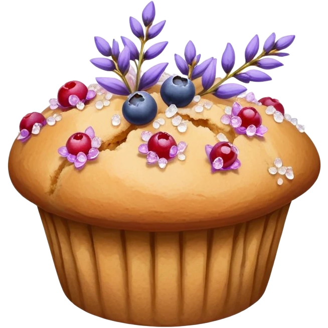 Lavender flower sprigs on a muffin with berries and sugar crystals without frosting  emoji