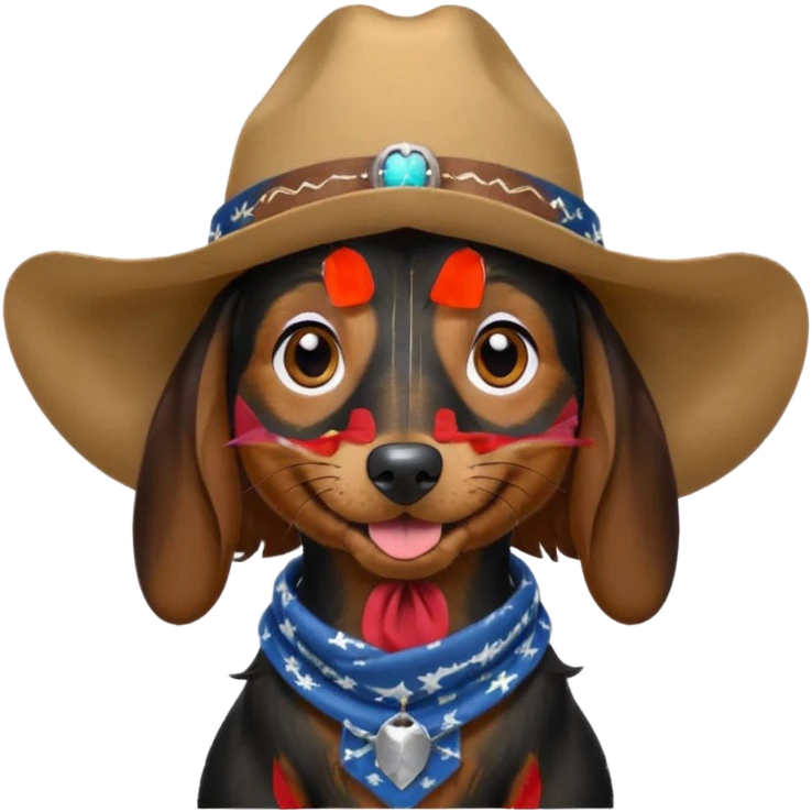 mostly black with some brown long hair daschund with a cowboy hat, ears curl out a bit and bandana and tongue slightly out emoji