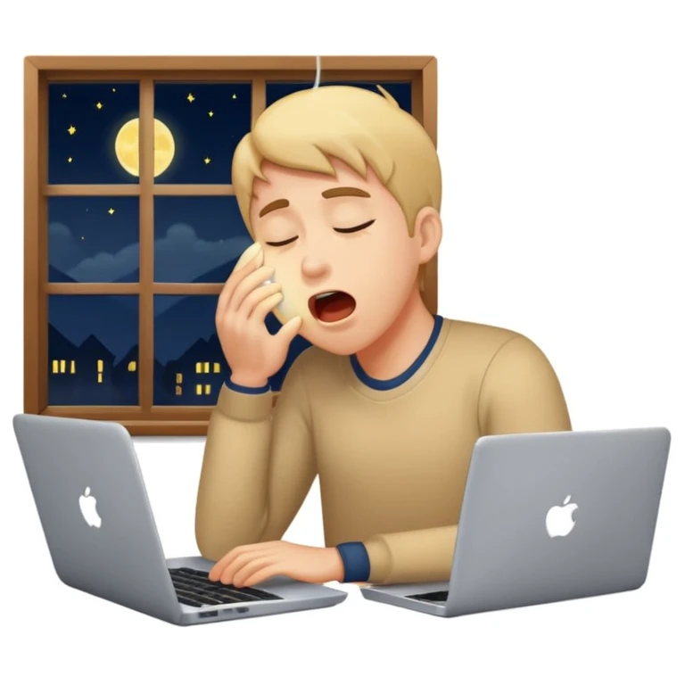 tired student with laptop, yawning, window at night behind emoji