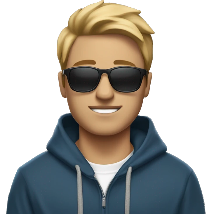 An university student in a blue hoodie with the hood down, black joggers with white sneakers carrying a closed laptop in one of his hand on the side of his body sideways and he is wearing thin sunglasses with black lens.  emoji