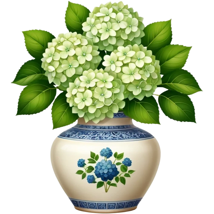 White and green Hydrangeas in vintage ceramic vase emoji