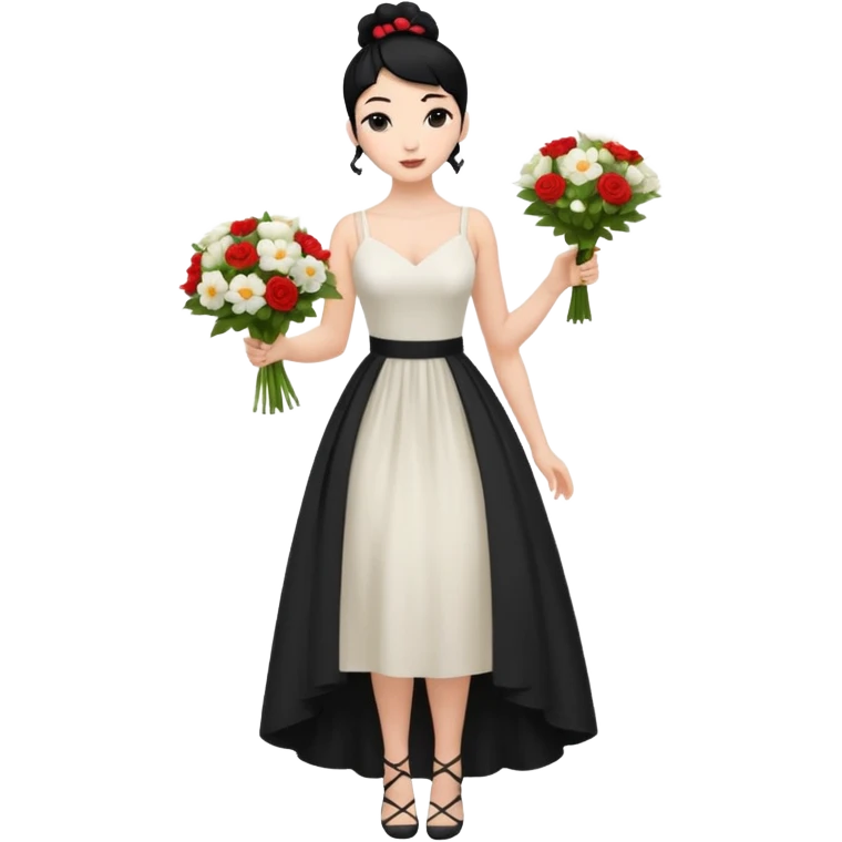 Chica blanca,cuerpo entero, vestido boda asimétrico tirantes , pelo negro,    ramo de flores una mano, pelo recogido en moño alto emoji