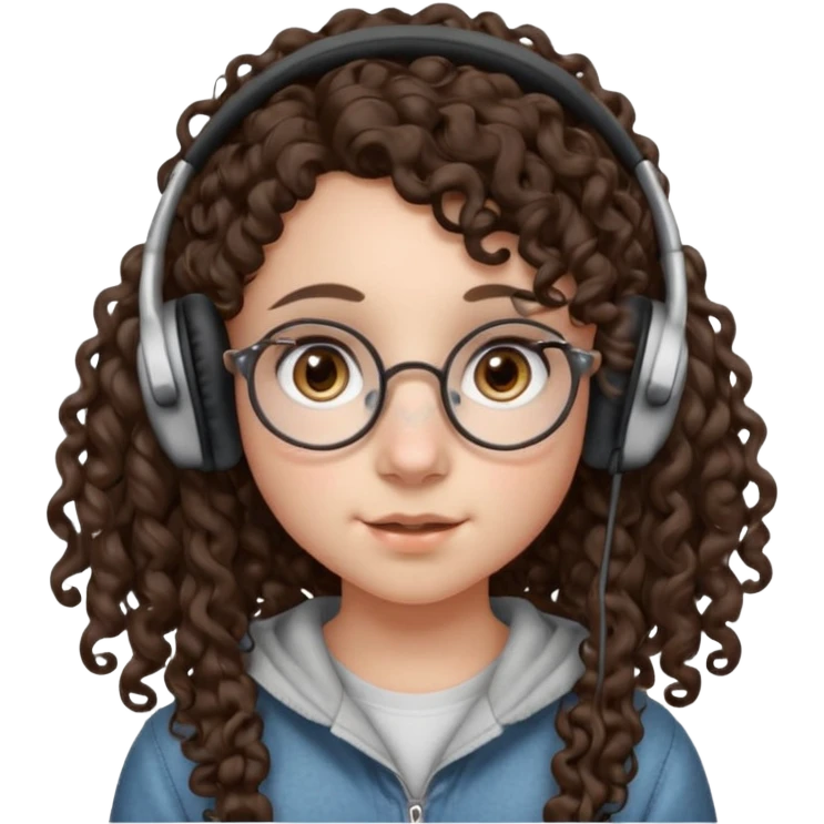 brunette kid with unique face features and very curly long hair kid girl neutral and very big nose and ears and dark eyes with freckles kind of nerd looking and headphone wearing no glassess just nose piercing very big one and evebrow piercing emoji