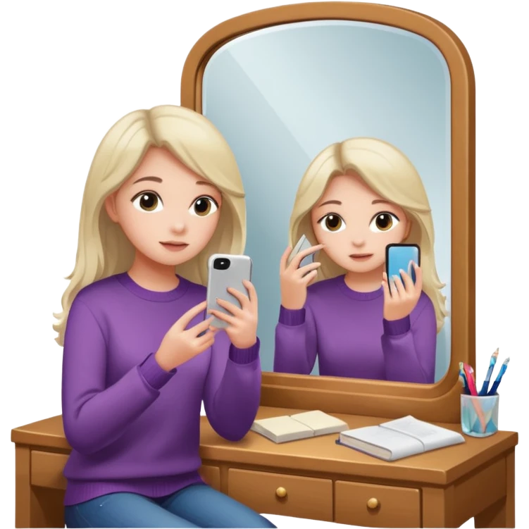 Girl sitting at vanity taking out picture with iphone 15 plus in the mirror and study materials on the vanity emoji