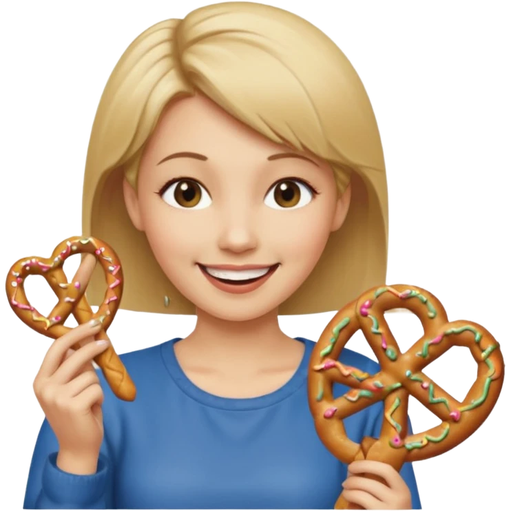 Short, Straight, Dirty blond hair, fair skin, woman winking holding pretzels emoji