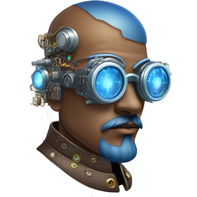 Brown shaved male cyborg head with blue beard, silver steampunk monocle goggles and circuits emoji