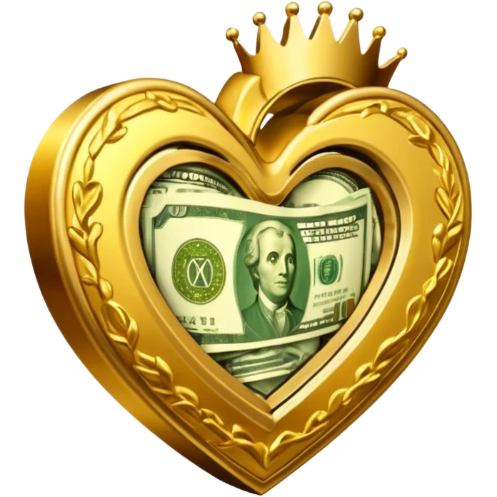 "Realistic HD red heart fused with cash and gold elements, heart seamlessly blended with money textures and molten gold details, dramatic warm glow, luxurious but clean, white background." emoji