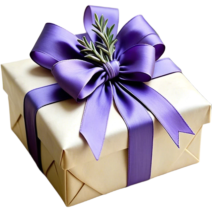 A weathered parchment-wrapped gift, secured with a lavender silk bow, lies nestled among dried sprigs of violet and indigo-hued lavender, their scent mingling with the faint trace of aged paper. A few stray ribbons, in shades of wisteria and dusk, cascade over the edges, whispering of quiet elegance and old-world charm.
 emoji