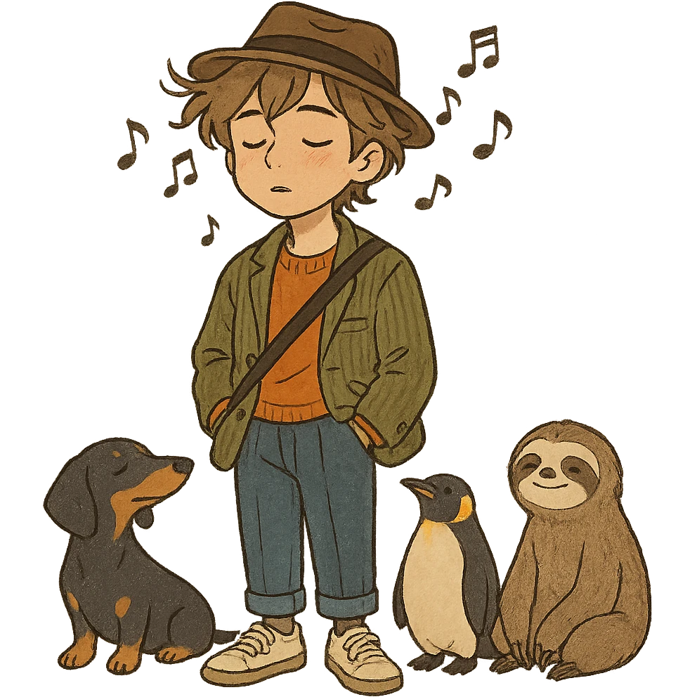 ghibli style trendy, sleepy musician with musical notes, wearing fashionable outfit, with dachshund, penguin, and sloth emoji