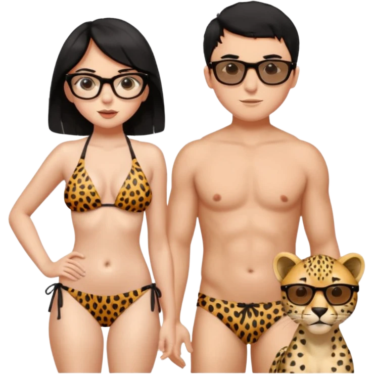 black haired girl with big boobs with shades on... wearing a cheetah print bikini standing with a boy with black hair wearing glasses and shirt less emoji