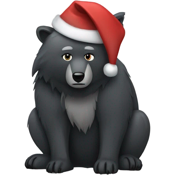 A tired bear with a Santa hat and a small black wolf  emoji