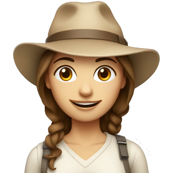 A woman with brown hair and a beige hat, winking with one eye and with a camera around her neck emoji