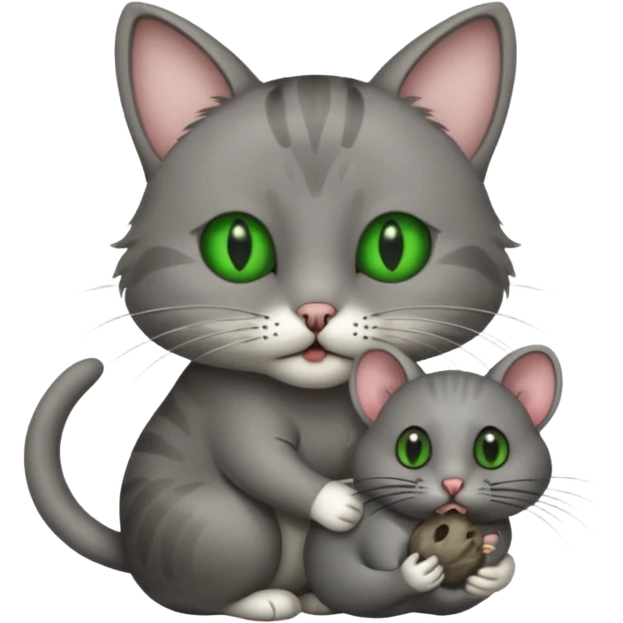 A cat holding a gray dead mouse in its mouth emoji