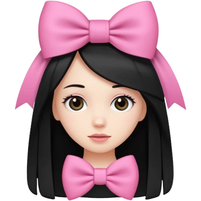 white girl, cute, black long straight hair, large pink bow emoji