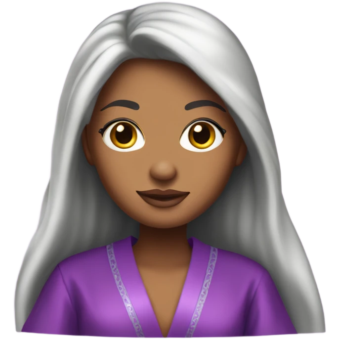 Tanned woman with long black hair wearing a silk purple Victoria’s Secret robe emoji