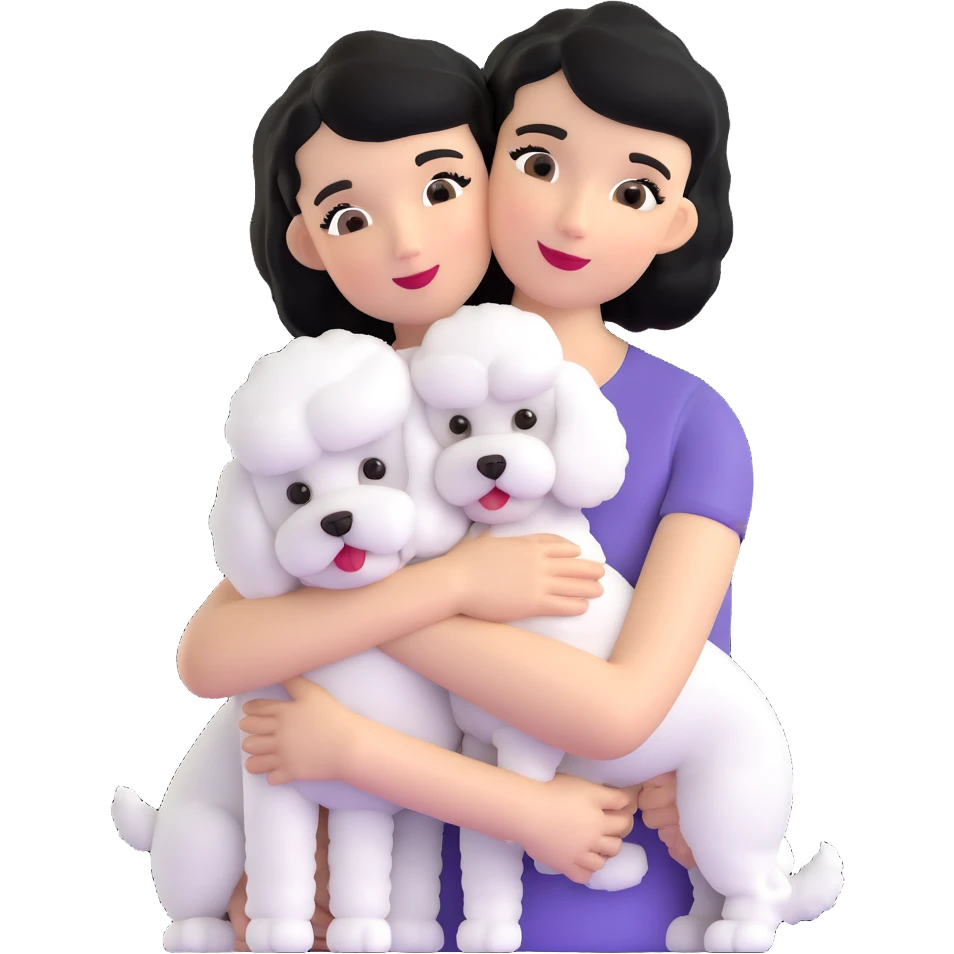 woman with short black hair hugging a brown poodle and a white bichon frise emoji