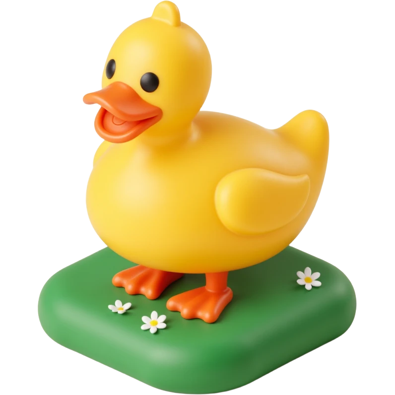 A toy duck standing on a green plot / base with small flowers emoji