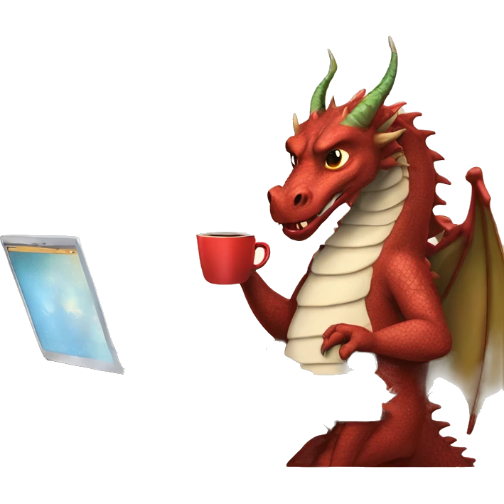 dragon on a laptop, wearing a shirt with the words hump day on it, with a cup of coffee in his right hand emoji
