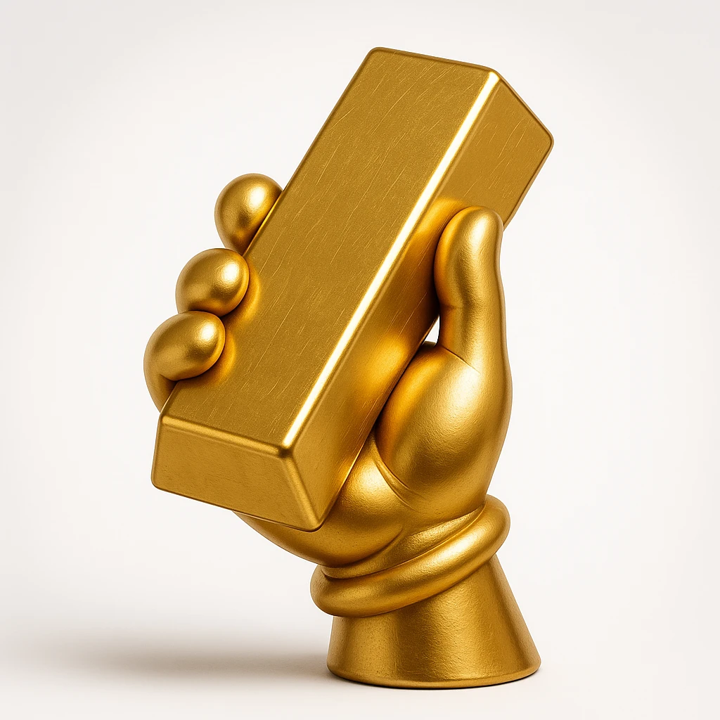 a cartoon hand holding a gold bar and a billion dollar bill, rich and playful emoji