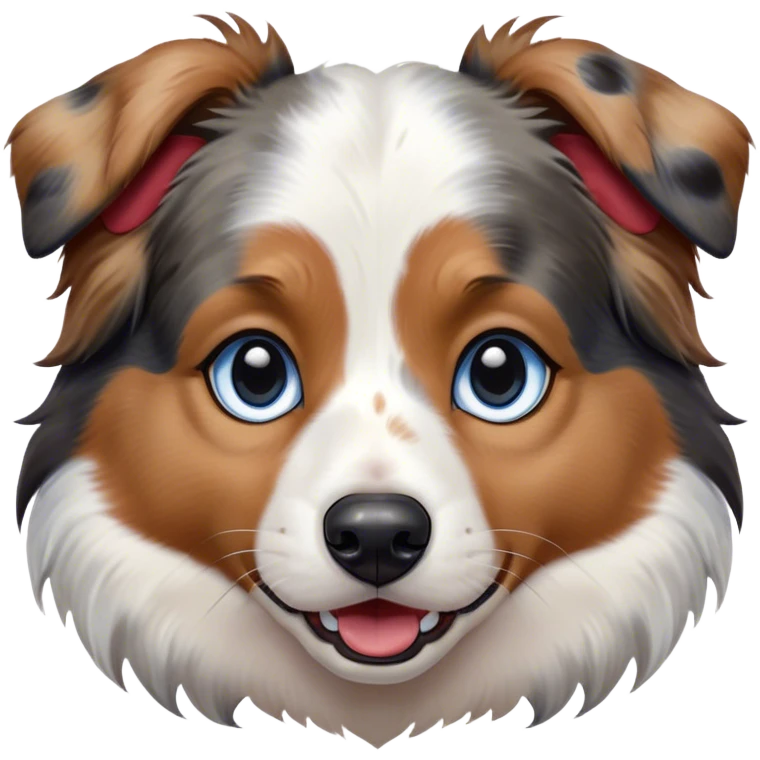 Cinematic Comical Calico Australian Shepherd Portrait Emoji, Head tilted dramatically with an exaggeratedly shocked or offended expression, predominantly white fur with striking black, tan, and red calico merle markings, wide, expressive blue eyes filled with exaggerated disbelief, Simplified yet hilariously expressive features, highly detailed, glowing with a slightly sassy glow, high shine, dramatic yet playful, stylized with an air of attitude, bright and endearing, soft glowing outline, capturing the essence of a sassy and over-the-top pup, so meme-worthy it feels like it could side-eye its way into internet fame instantly! emoji