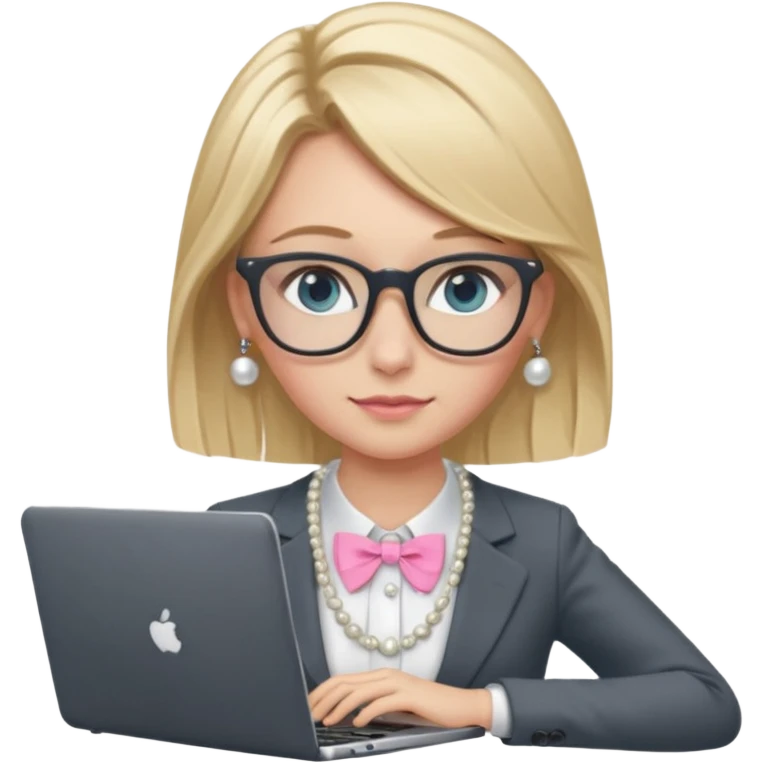 Please take the girl with laptop emoji and make her glassess light brown, her eyes ocean blue and her nose a bit smaller and pointier and she has blonde very long hair and a dark grey suit and pearls necklace, and has a laptop in fron of her and a tiny pink bow on the left side of her head emoji