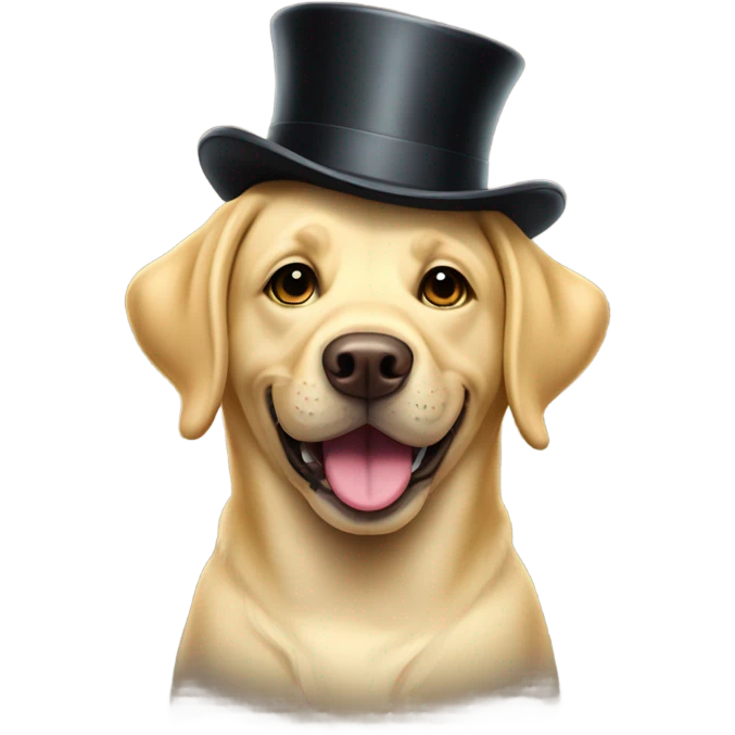 Yellow lab smiling in a top hat and wearing a monocle emoji