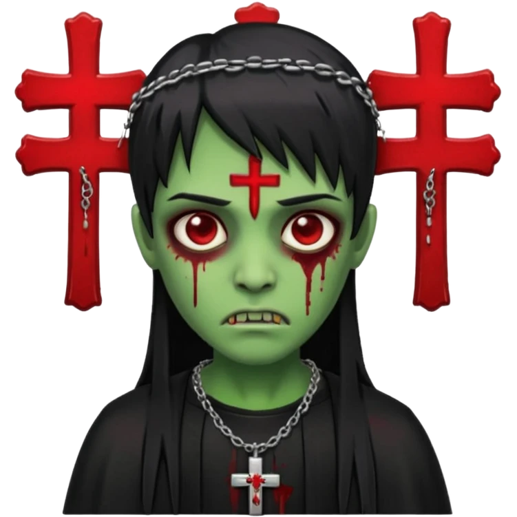 zumbi verde com olhos vermelhos sangrando e franja roupa preta e um crucifixo como colar emoji