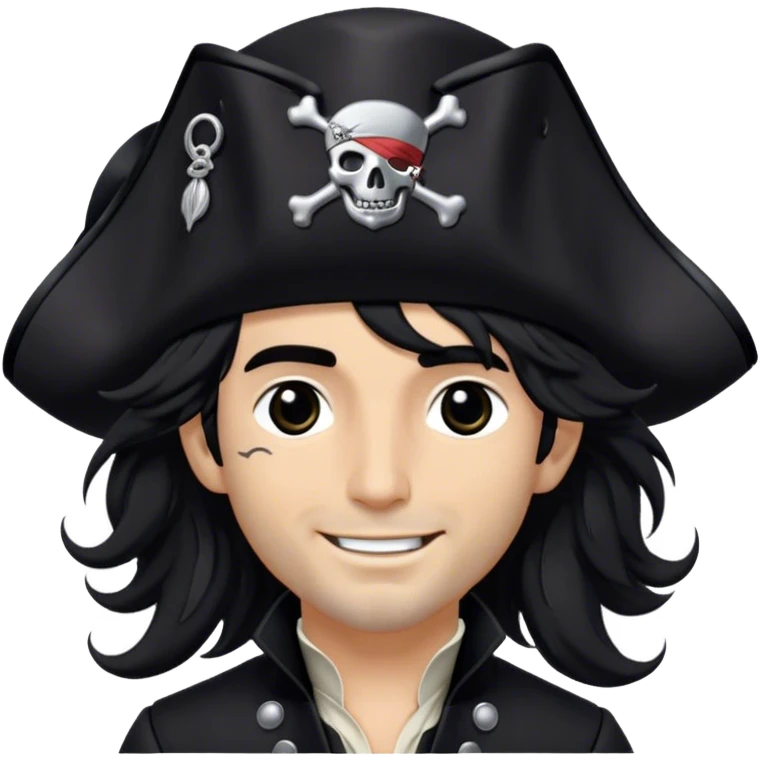 A charismatic pirate with wavy black hair tousled by the breeze. His silver-embroidered tricorn hat casts a shadow. Dark eyes glint with mischief as he looks to the side, a knowing smile on his lips. His black coat, adorned with silver buttons, shifts with the wind emoji