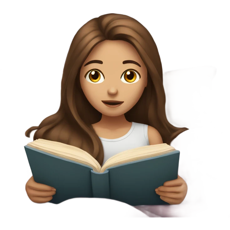 girl with white skin and long, brown hair is reading book in bed emoji