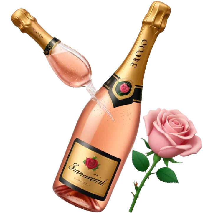 bottle of sparkling rosé champagne with a rose logo on the label, with the cork popping out from the top, tilted up and to the left, no glass emoji
