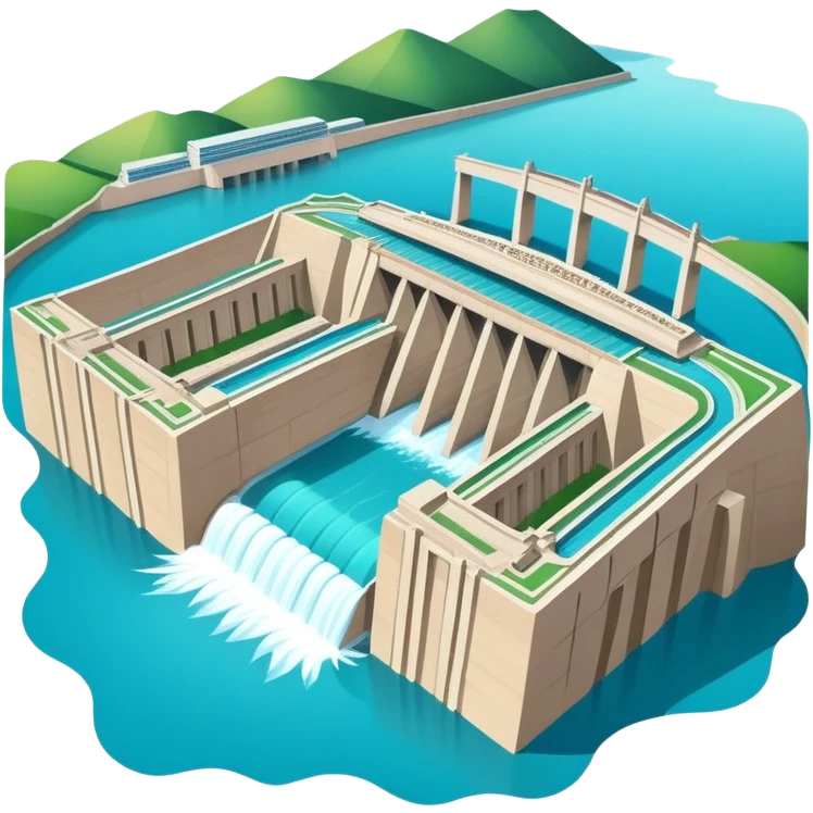 Yangtze River Three Gorges Dam massive structure, simplified emoji style with bold outlines and bright colors, cartoon style dam with water emoji