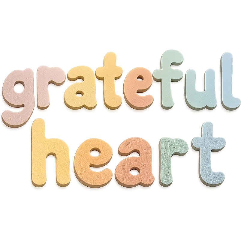 "Grateful Heart" in soft pastel rainbow soft puffy lettering, cute hand-drawn font, no outline, transparent background emoji