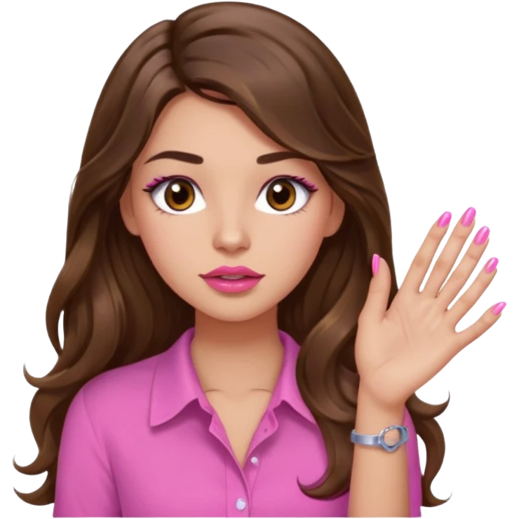 girl with long wavy brown hair, brown eyes, light to medium complexion, in a pink shirt, pink lips, long lashes, puckered lips, showing off painting long nails emoji