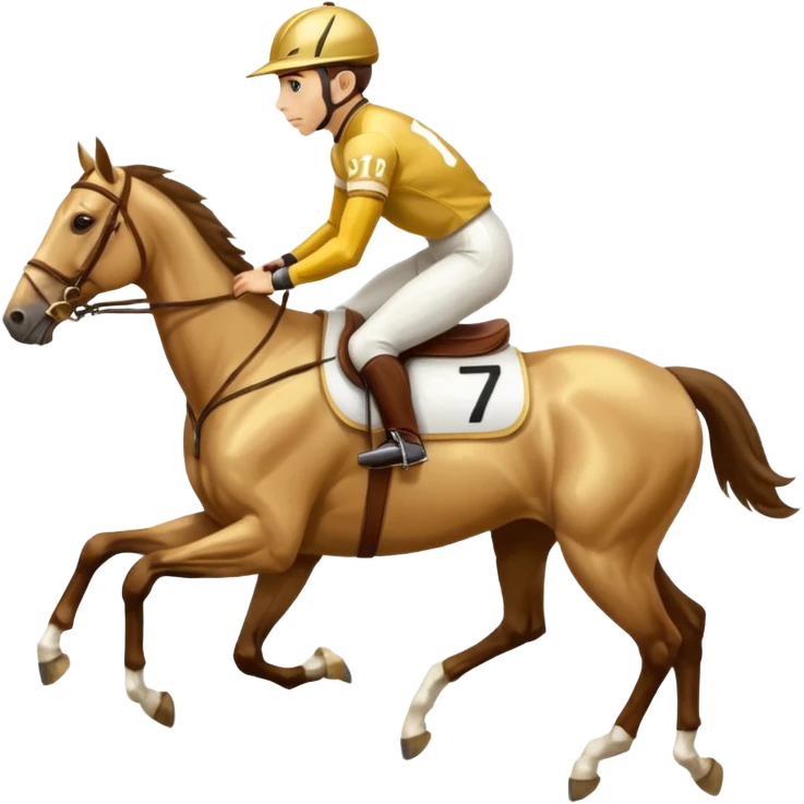 a jockey riding a running horse gold jersey and saddle number 1 emoji