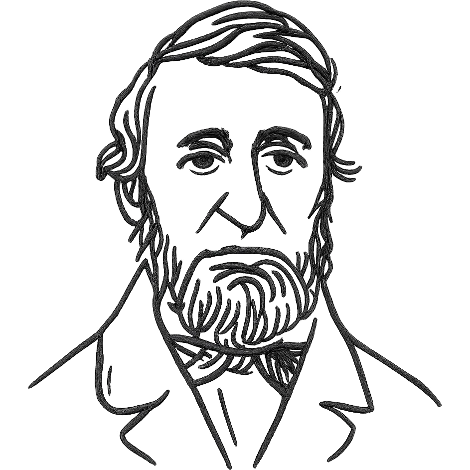 a hand drawn black outline portrait of Henry David Thoreau with similar size eyes based a famous photograph of him emoji