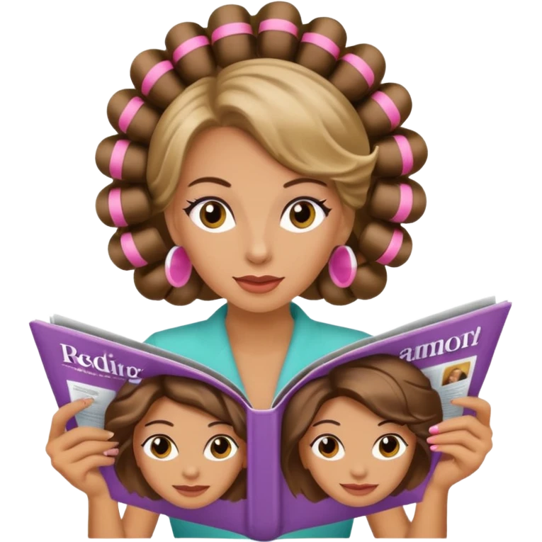 mujer en la peluquería con rulos en la cabeza y leyendo una revista emoji