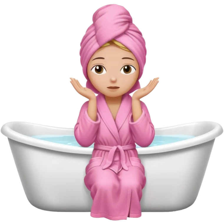 A woman sitting on the edge of a bathtub, wearing a pink bathrobe and towel on her head, one hand on her shoulders and eyes closed  emoji