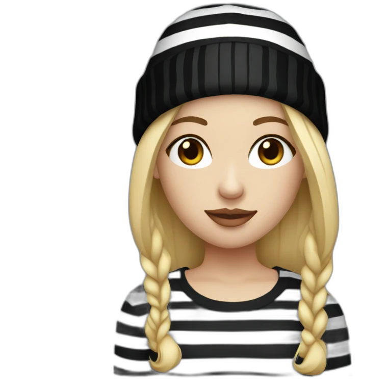 blonde woman in black beanie hat, black eye mask and striped shirt emoji