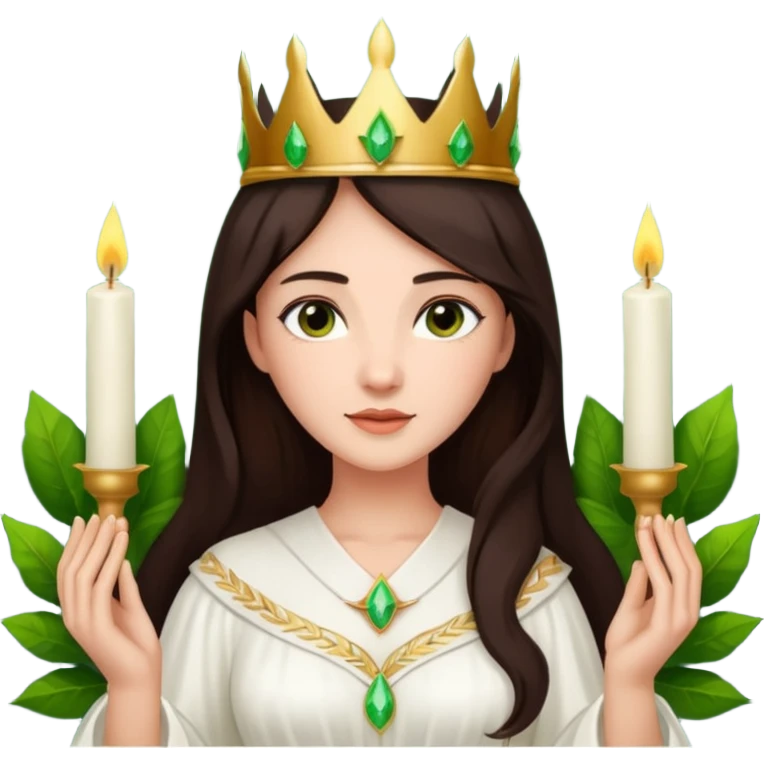  saint lucia with dark brown hair with a white gown and a crown made from greenery with candles on the crown emoji