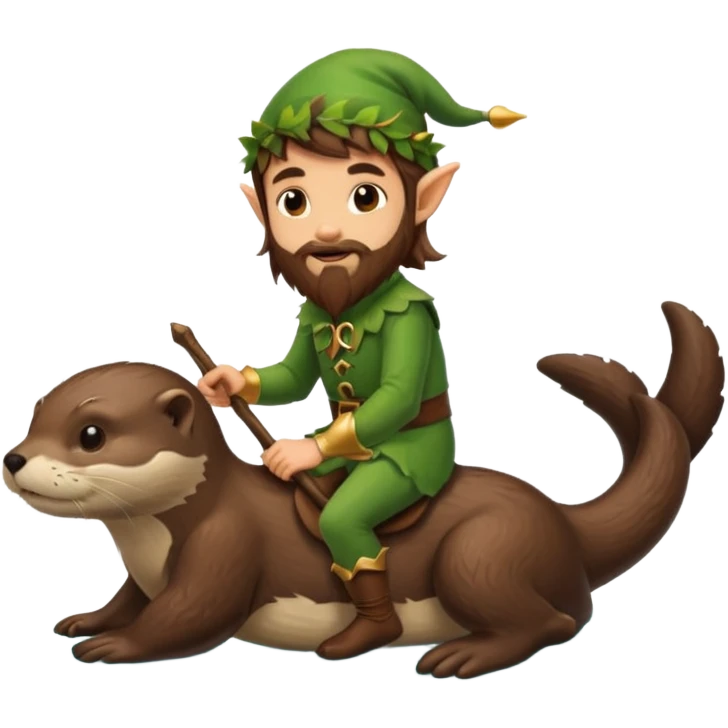 tiny forest elf man long brown hair beard riding an otter emoji